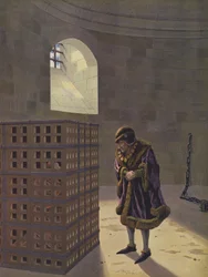 Louis XI watching Cardinal Balue, imprisoned in an iron cage in the dungeons of the Chateau d